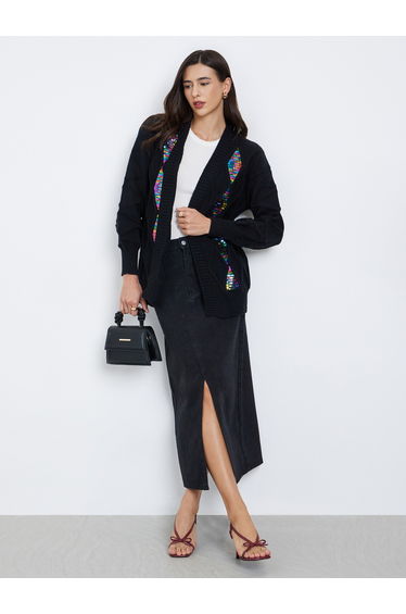 Black Front Open Sequined Cardigan