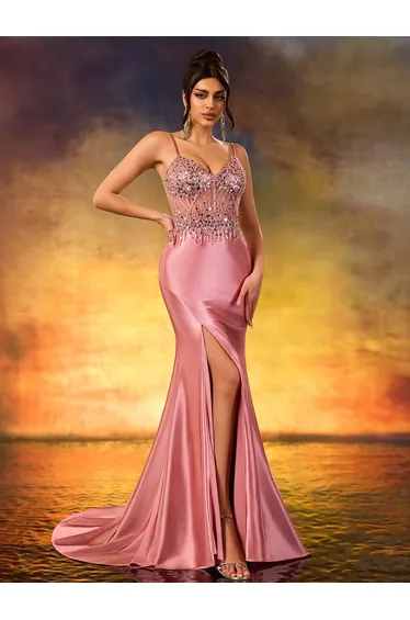 Modecrush Elegant spaghetti strap Beaded High Slit Train Gown Evening Dress