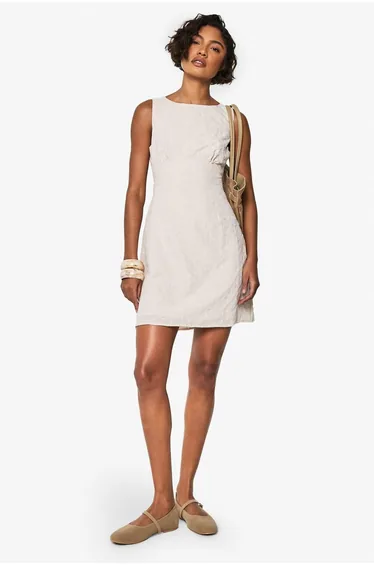 Tall Embroidered Gingham Tie Back Shift Dress - stone