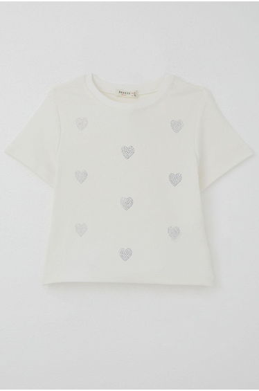 Girls' T-shirt with Rhinestone Heart Design, Ecru