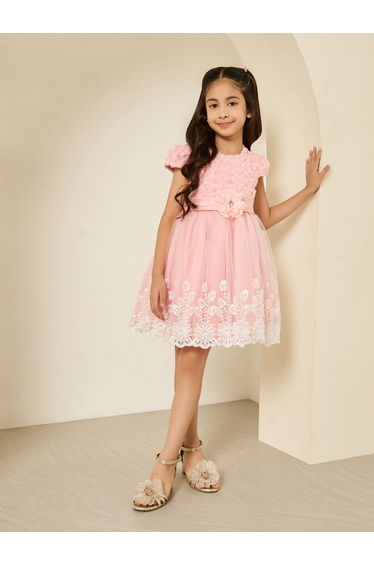 Girls Pink Embellished Embroidered Mesh Dress