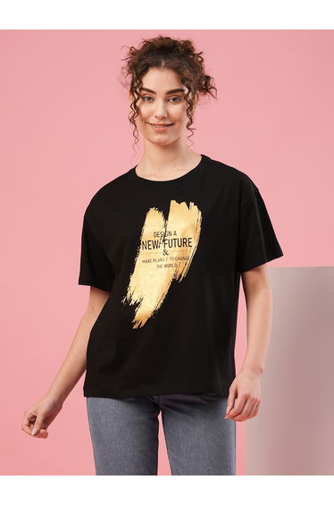 Slogan Print Round Neck Cotton T-Shirt