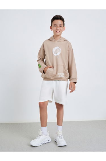 Teens Beige Graphic Print Cotton Hoodie