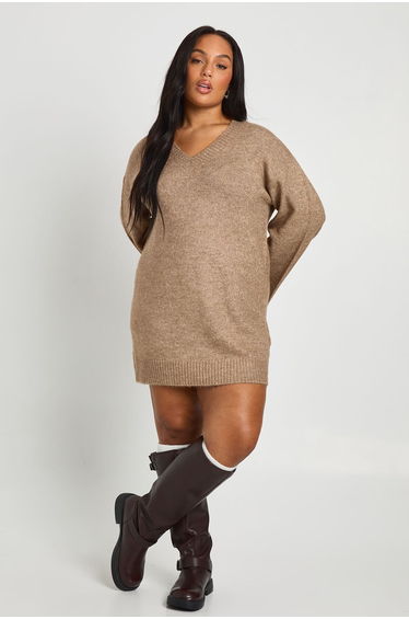 Plus V Neck Jumper Dress - hazelnut
