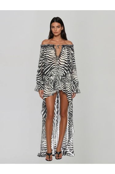Blyvora Off Shoulder Zebra High Low Skirt Set