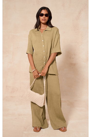 Chartreuse Textured Woven Drawstring Wide Leg Trouser