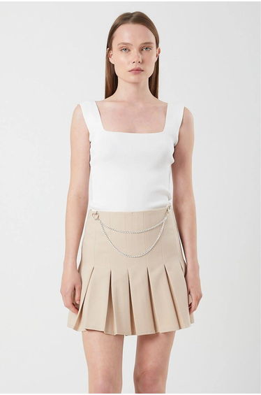 Mixray High Waist Pleated Midi Skirt with Chain Detail
