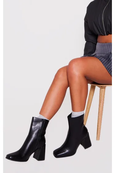 Black Wide Fit PU Square Toe Block Heeled Ankle Boots