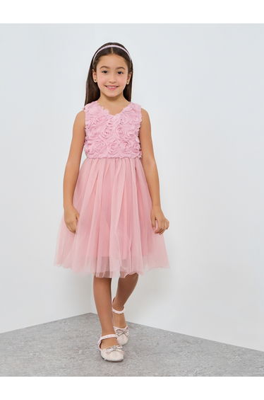 Girls Pink Flower Details Mesh Sleeveless Dress