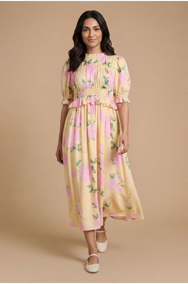 Petite Shirred Bodice Puff Sleeve Midi Dress