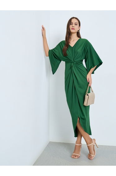 Emerald Green Pleated Detail Midi Dress
