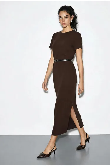 LUCCI Belted Midi Dress with Crew Neck