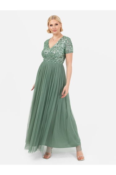 Maya Dark Sage Green V Neckline Embellished Maxi Dress