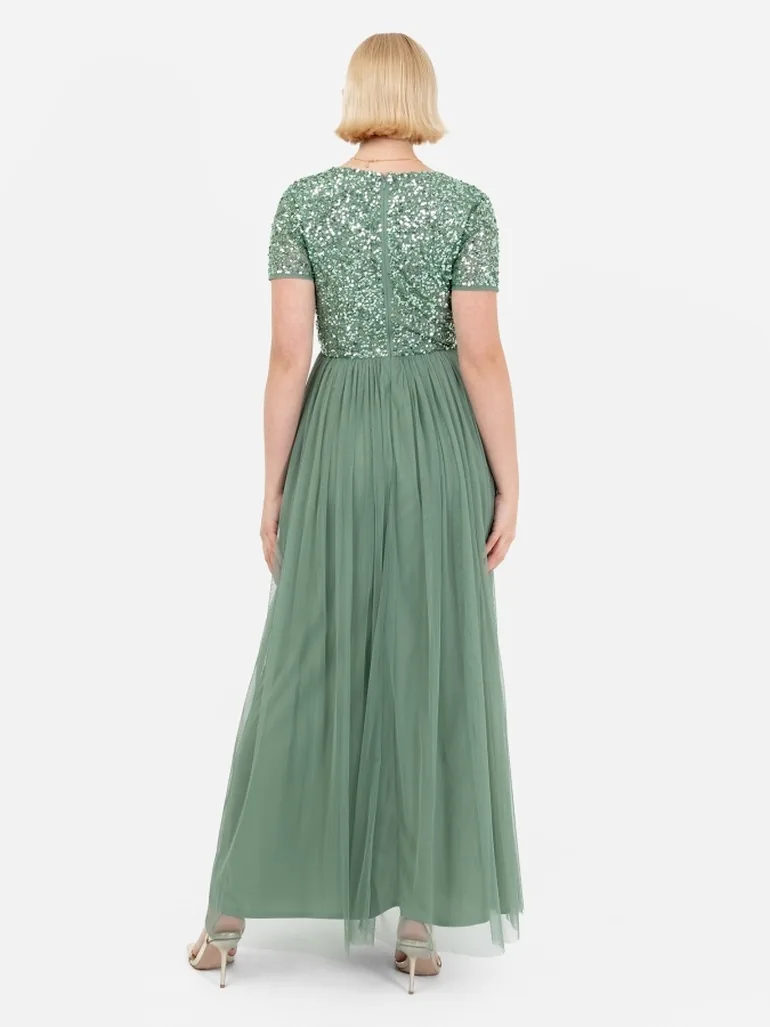 Shop Maya Dark Sage Green V Neckline Embellished Maxi Dress Online in Oman