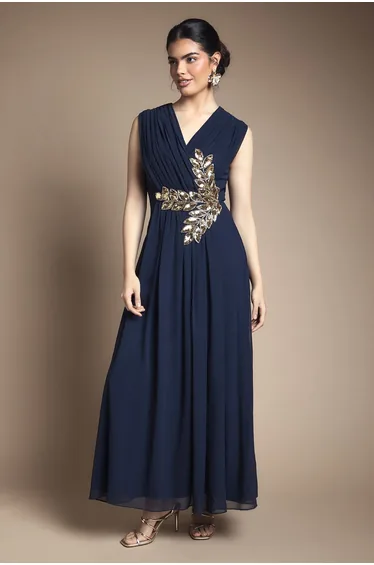 Beaded Embellished Wrap Top Georgette Maxi Dress