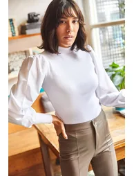 Women's White Balloon Sleeve Blouse - 4