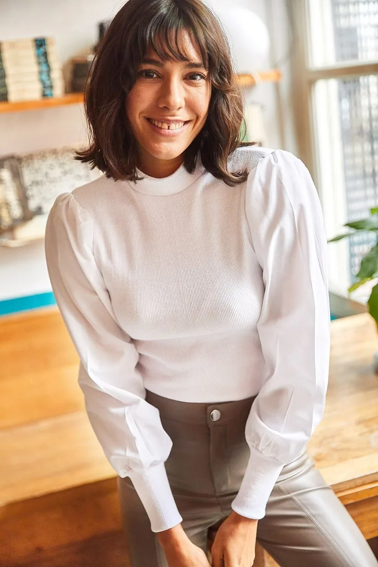 Women's White Balloon Sleeve Blouse - 2