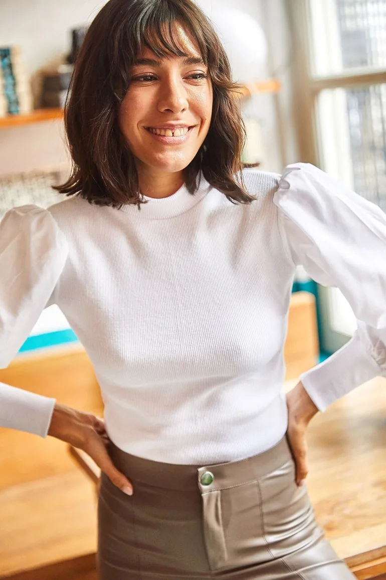 Women's White Balloon Sleeve Blouse - 1