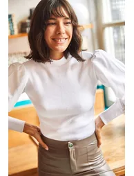 Women's White Balloon Sleeve Blouse - 1