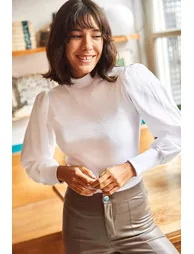 Women's White Balloon Sleeve Blouse - 3