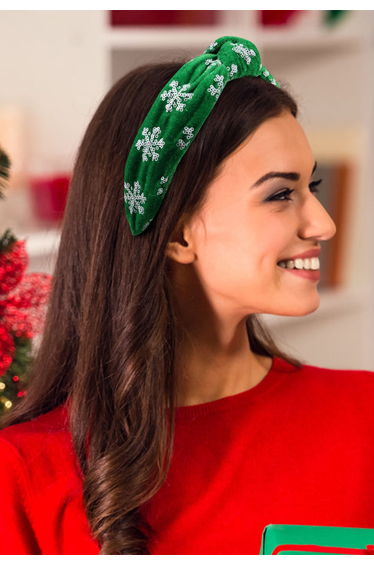 Knotted Snowflake Sequin Velvet Wide Headband in Green