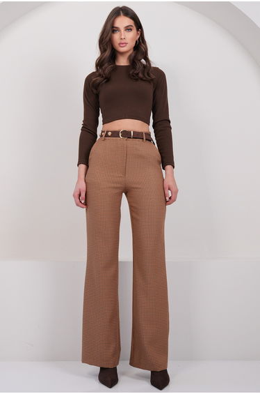 Women's Tan Plaid Patterned Double Pocket Trousers