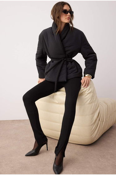 Black Regular Fit Inflatable Coat with Lacing Detail