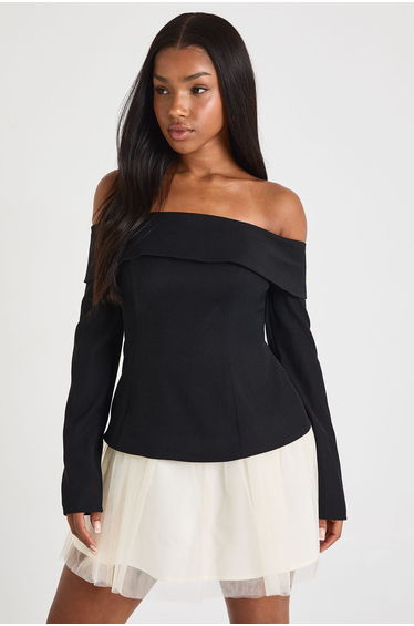 Tulle Bardot Tailored Mini Dress - black