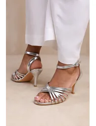 CYPRUS MULTI CROSS OVER STRAP MID HEELS IN SILVER FAUX LEATHER
