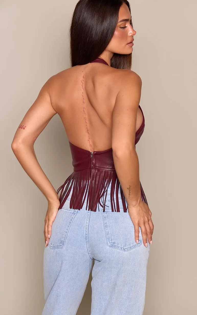 Burgundy Leather Halterneck Tassel Top - 2