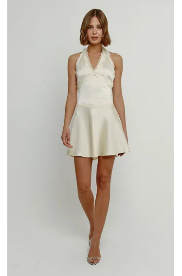 Butter Yellow Lace Detail Halter Mini Dress