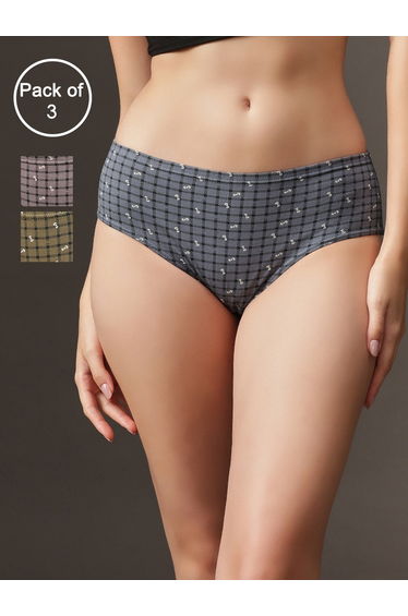 Pack of 3 Mid Waist Printed Hipster Panties with Inner Elastic - 100% Cotton