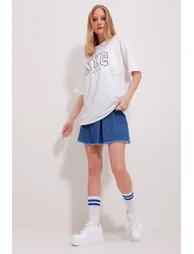 Women's White Crew Neck Two Thread Embroidered Oversize Unisex T-Shirt - 2