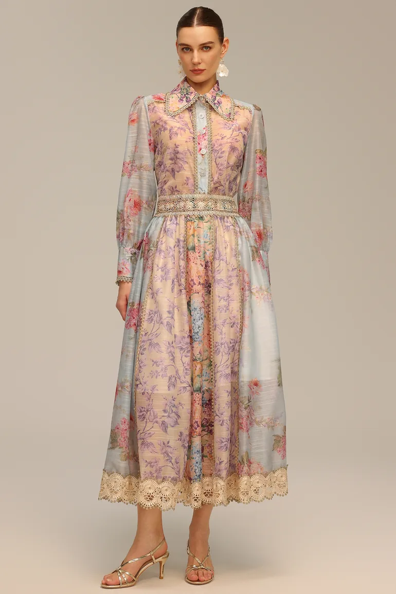 Ruby Long Sleeve Floral Printed Lace Top And Skirt Two-Piece Set