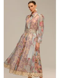 Ruby Long Sleeve Floral Printed Lace Top And Skirt Two-Piece Set - 2