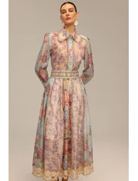 Ruby Long Sleeve Floral Printed Lace Top And Skirt Two-Piece Set - 4