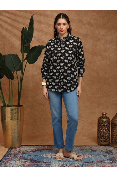 Women Black Collared Tribal Print Shirt Tunic