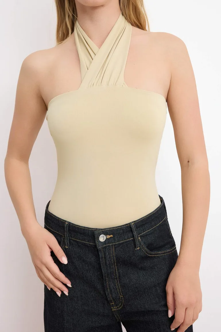 Stone Plain Fitted Halter Neck Tie-Detail Sleeveless Snap Fastener Stretchy Knitted Bodysuit - 2
