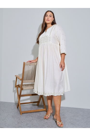 Plus Size Cream Embroidered A-Line Midi Dress