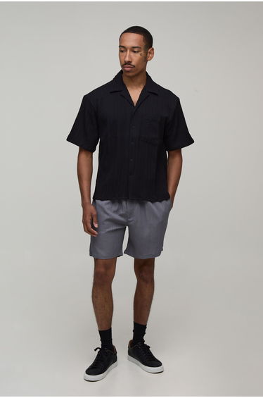 Textured Pleated Relaxed Fit Shorts - grey