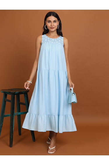 Women Blue Embroidered Sleeveless A-Line Maxi Dress