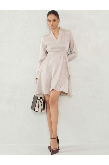 Beige Satin Wrap Mini Dress