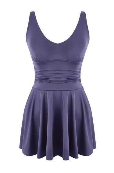 Blue Draped V-Neck Skirted Swimsuit