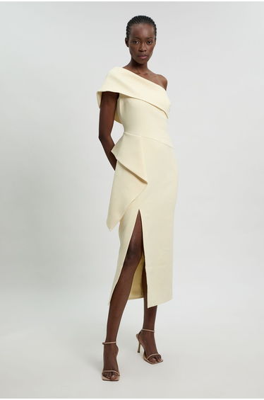 Compact Stretch Ruffle Detail Asymmetric Pencil Dress