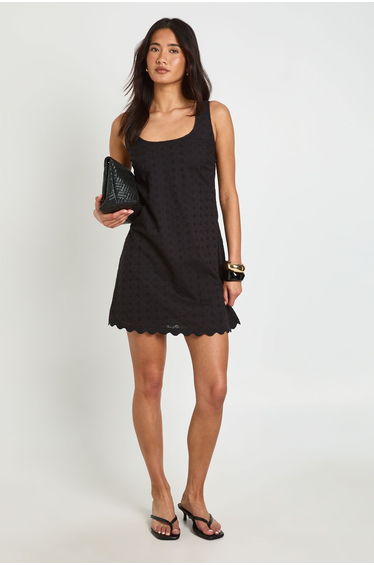 Tall Broderie Scalloped Hem Shift Dress - black