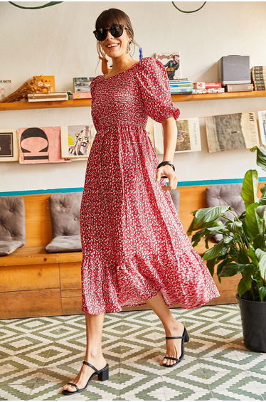 Red Floral A-Line Midi Smock Dress