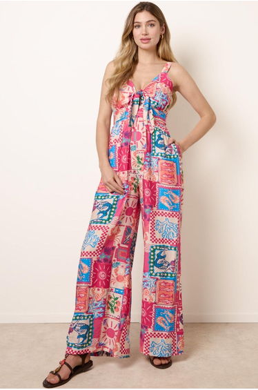 Tie Front Jumpsuit In Postcard Print