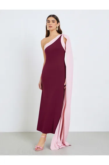 Women Burgundy Cape Detail Mermaid Maxi Dress