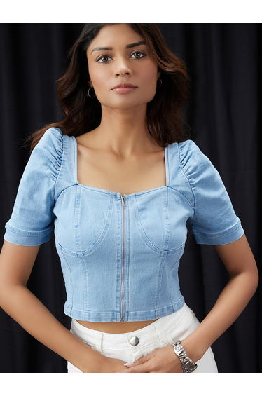 Women Blue Puff Sleeves Denim Corset Top
