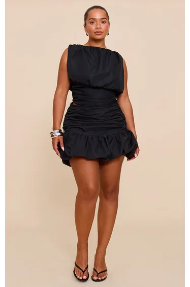 Shape black Ruched Dropped Hem Puffball Mini Skirt